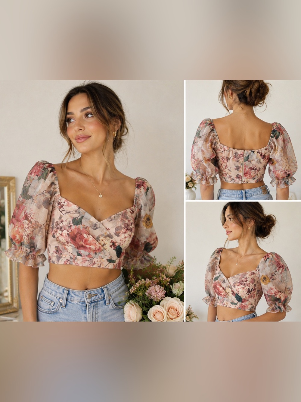 a. peach Floral Puff Sleeve Crop Top Cottagecore Romantic Blush Pink Medium